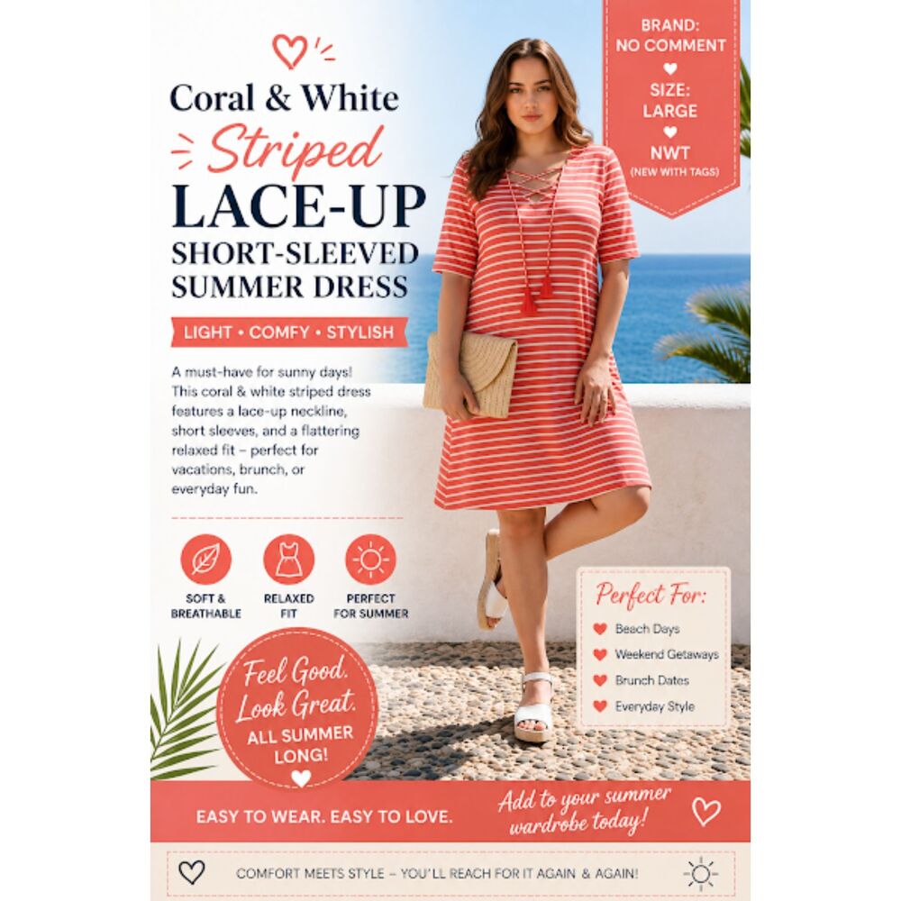 Coral & White Striped Lace-Up Short-Sleeved Dress